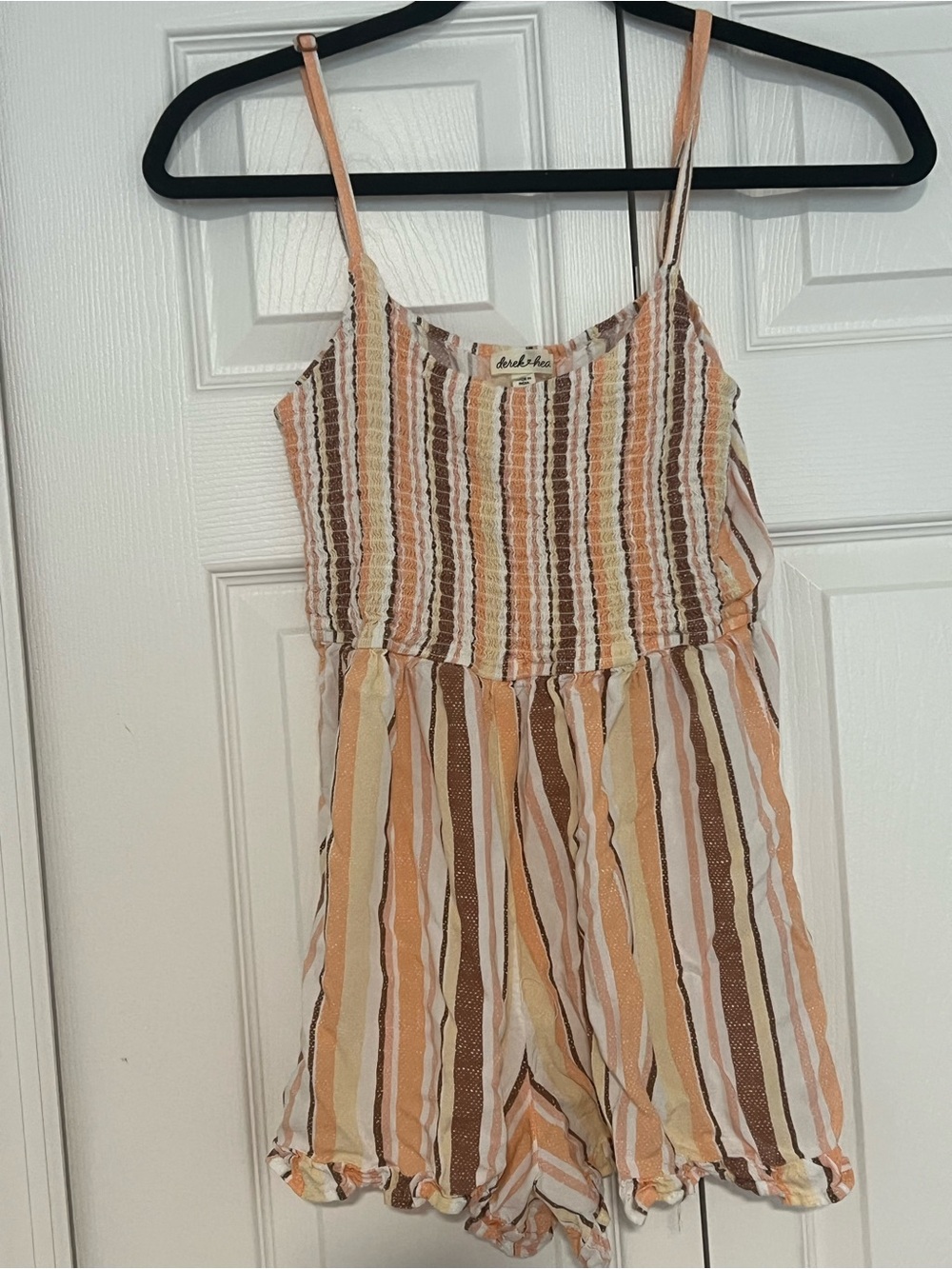 Derek Heart Peach, Brown & Cream Striped Smocked Romper